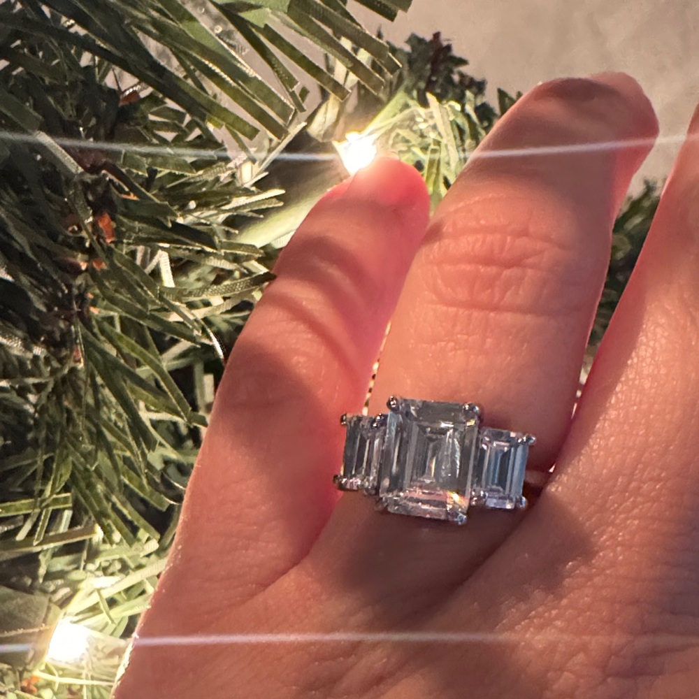 Three Stone Past Present Future Emerald Cut Ring Size 6 Sterling Silver 925 CZ